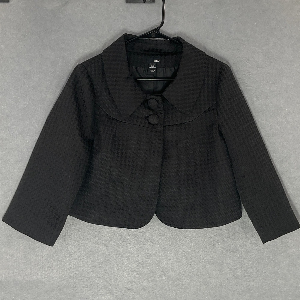 H&M Black Blazer Womens Sz 8 Cropped Houndstooth Jacket Retro Career Business